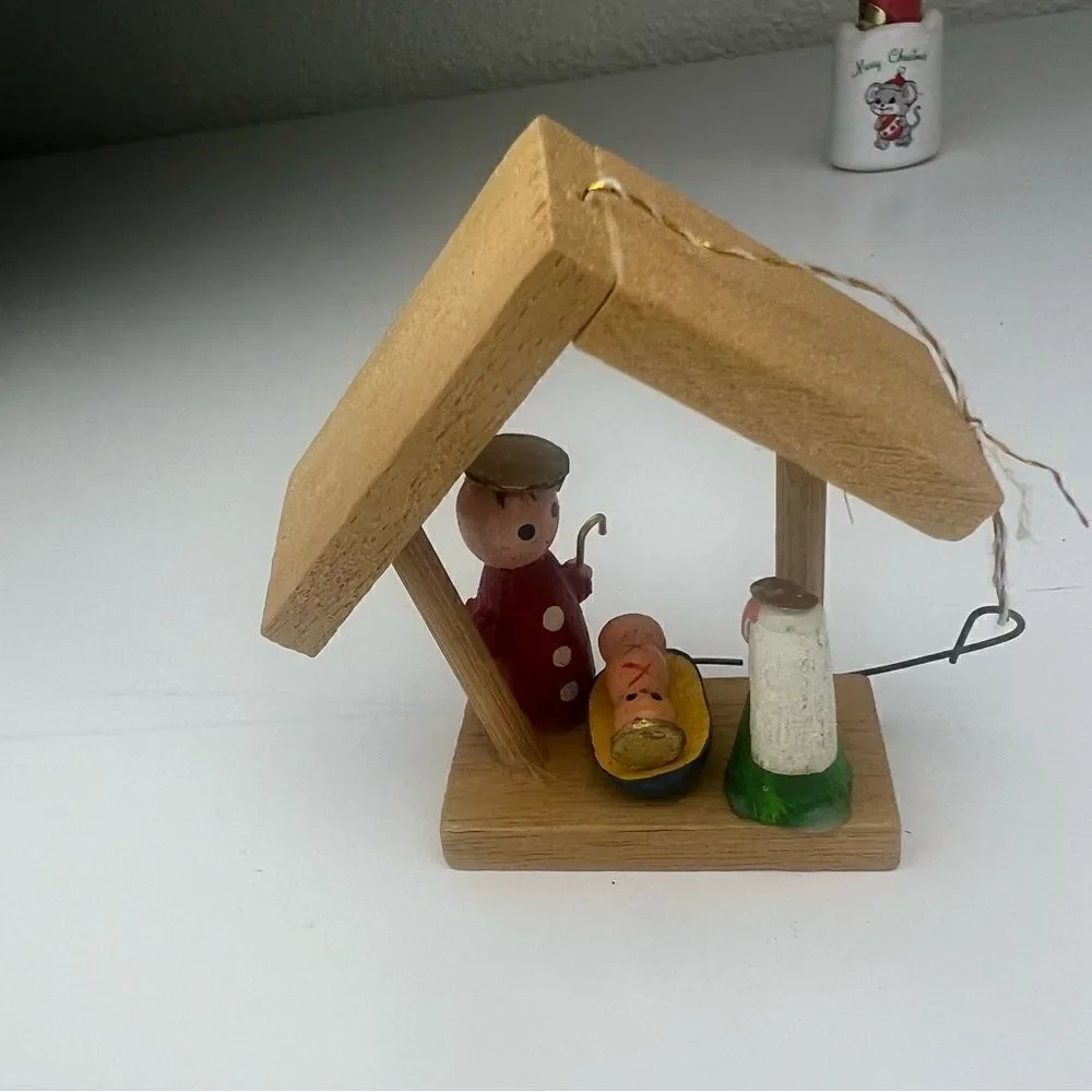 Vintage Mini Nativity Scene  Manger Wooden Christmas Ornament and candle/ holder